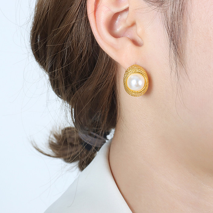 1 Pair Elegant Baroque Style C Shape Plating Inlay Stainless Steel Artificial Pearls 18K Gold Plated Ear Studs