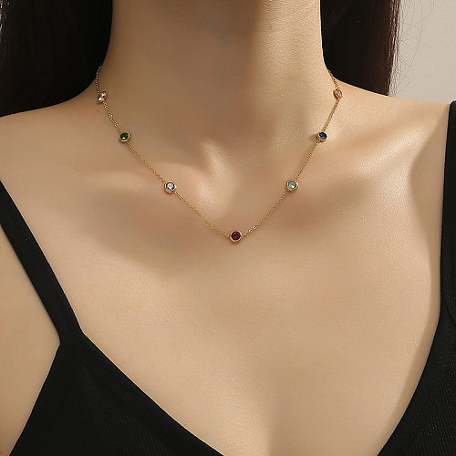 Sweet Round Stainless Steel Inlay Zircon Necklace