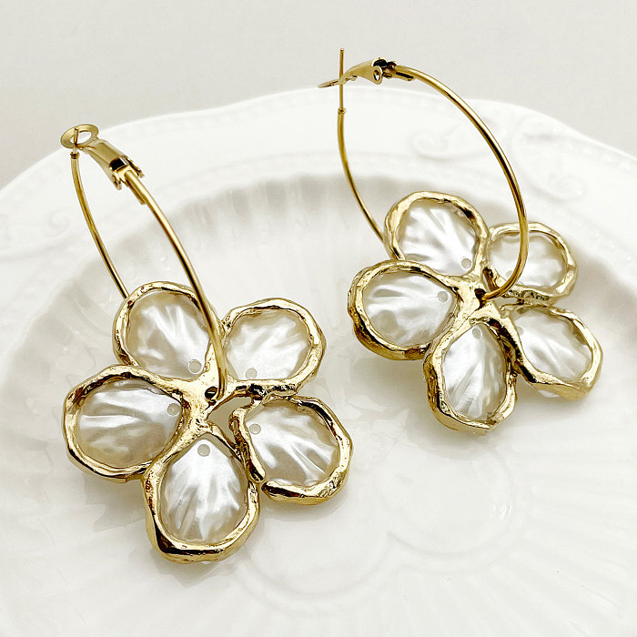 Boucles d'oreilles plaquées or, 1 paire, Style Vintage classique, incrustation de fleurs, perles artificielles en acier inoxydable