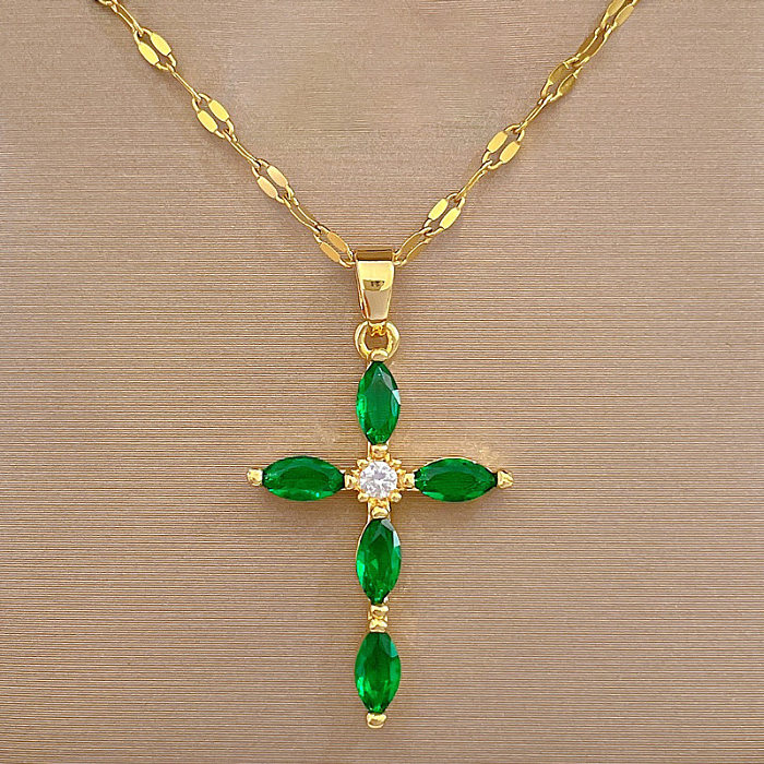 Simple Style Cross Stainless Steel  Copper Inlay Zircon Pendant Necklace