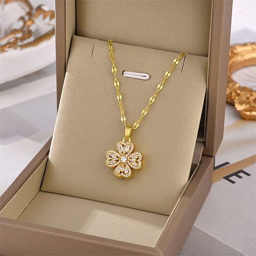 Retro Four Leaf Clover Stainless Steel Inlay Rhinestones Necklace