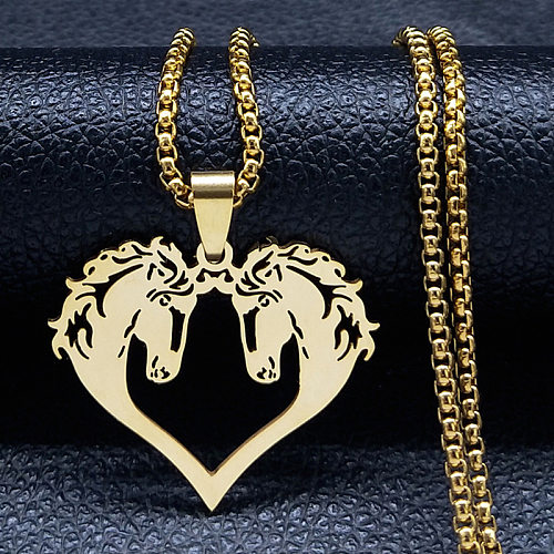 Collier avec pendentif cheval en forme de cœur hip-hop en acier inoxydable