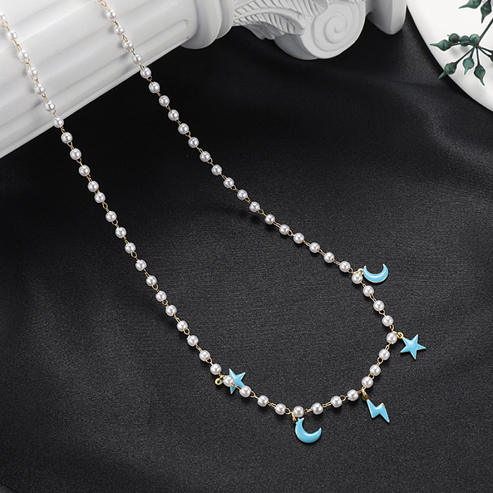 Fairy Style Sweet Pentagram Star Moon Stainless Steel  Pendant Necklace