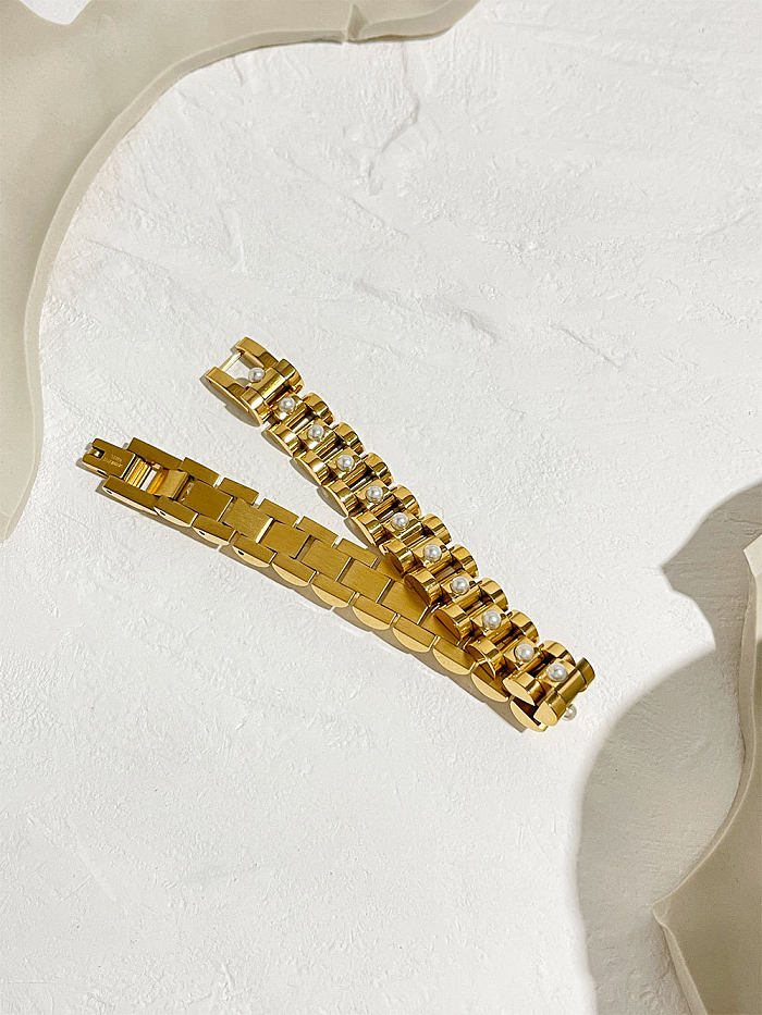 Atacado hip-hop retro estilo simples geométrico chapeamento de aço inoxidável incrustação 18k banhado a ouro pulseiras de pérolas artificiais