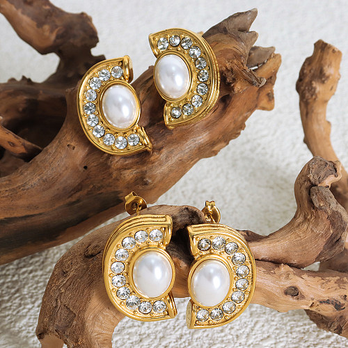 1 paire de style vintage style baroque incrustation de placage en demi-cercle en acier inoxydable perles artificielles diamant artificiel clous d'oreilles plaqués or 18 carats