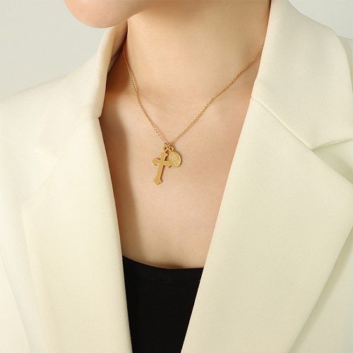 Fashion Retro Cross Godfather Oval Pendant Necklace Stainless Steel Gold Plated