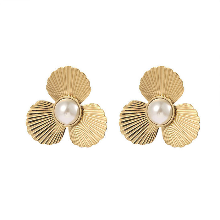 1 Pair Fashion Leaf Stainless Steel Plating Inlay Pearl Ear Studs