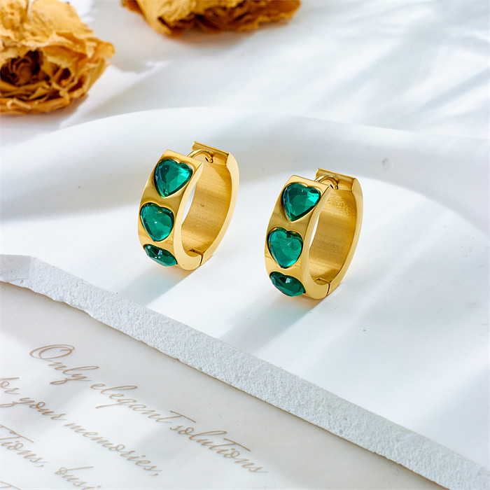 1 Piece Vintage Style Heart Shape Plating Inlay Stainless Steel  Rhinestones 18K Gold Plated Hoop Earrings