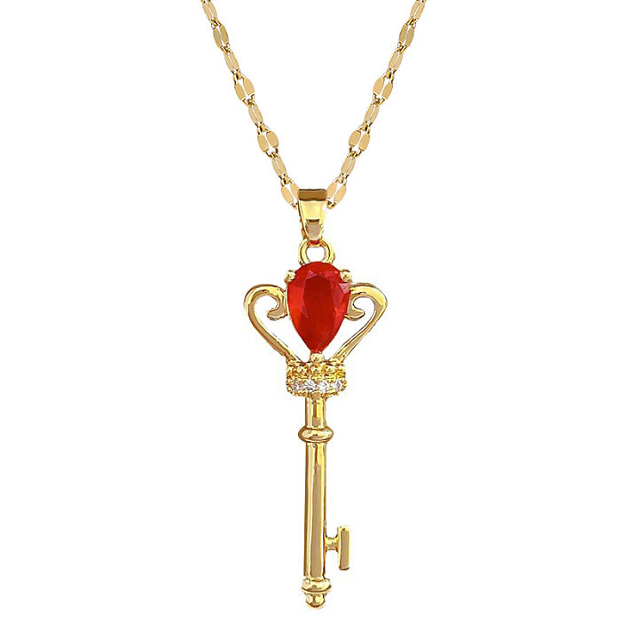 Queen Crown Key Stainless Steel  Copper Inlay Zircon Pendant Necklace