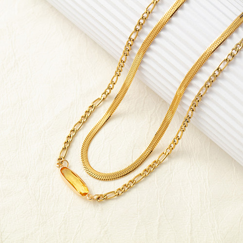 Hip-hop luxuoso retângulo revestido de aço inoxidável com zircônia 18K colares em camadas banhados a ouro