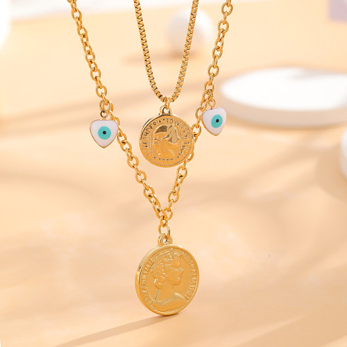 Retro Classic Style Heart Shape Eye Flower Stainless Steel Layered Plating Inlay Resin Zircon Gold Plated Layered Necklaces