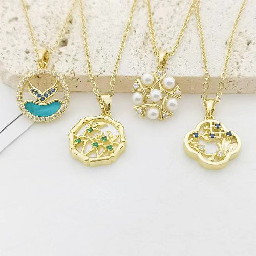 IG Style Bamboo Flower Fish Tail Stainless Steel 18K Gold Plated Pearl Zircon Pendant Necklace In Bulk