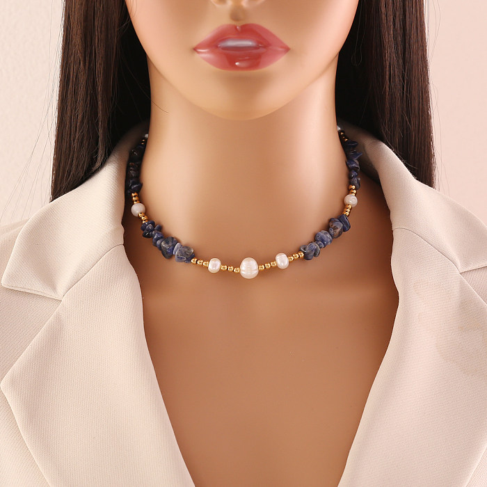 Vacation Simple Style Printing Stainless Steel  Imitation Pearl Natural Stone Handmade Necklace