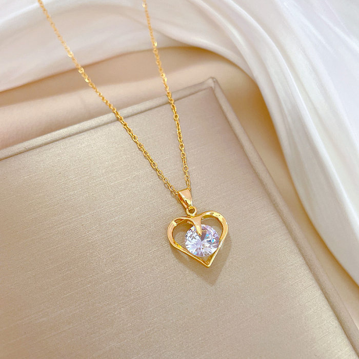 Sweet Simple Style Heart Shape Stainless Steel  Copper Inlay Zircon Pendant Necklace