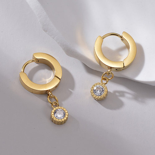 1 paire de boucles d'oreilles pendantes en acier inoxydable et Zircon plaqué or 14 carats, Style classique Simple, incrustation ronde