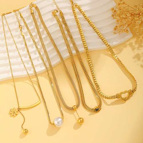 Simple Style Devil's Eye Heart Shape Flower Stainless Steel Pearl Plating Inlay Zircon 18K Gold Plated Necklace