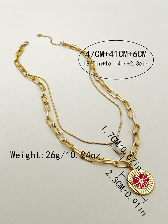 Casual Simple Style Roman Style Round Heart Shape Stainless Steel  Enamel Plating Inlay Zircon Gold Plated Layered Necklaces