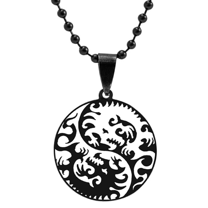Mode-Baum-Blumen-Drachen-Phoenix-Totem-Weiß-Schwarz-Perlen-Edelstahl-Halskette