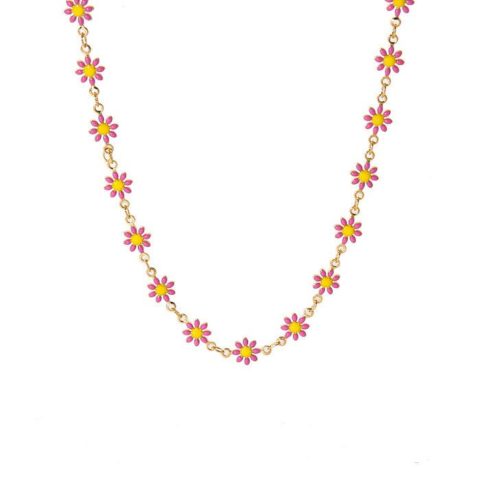 Hawaiian Bohemian Chrysanthemum Stainless Steel  Enamel Plating Necklace
