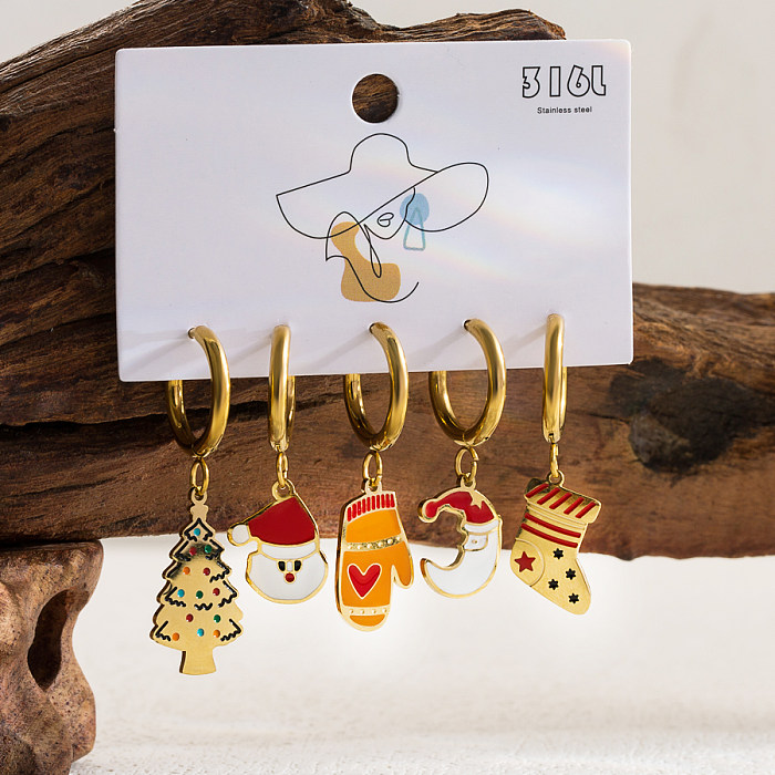 1 Set Sweet Christmas Tree Santa Claus Snowman Enamel Hollow Out Stainless Steel  14K Gold Plated Drop Earrings