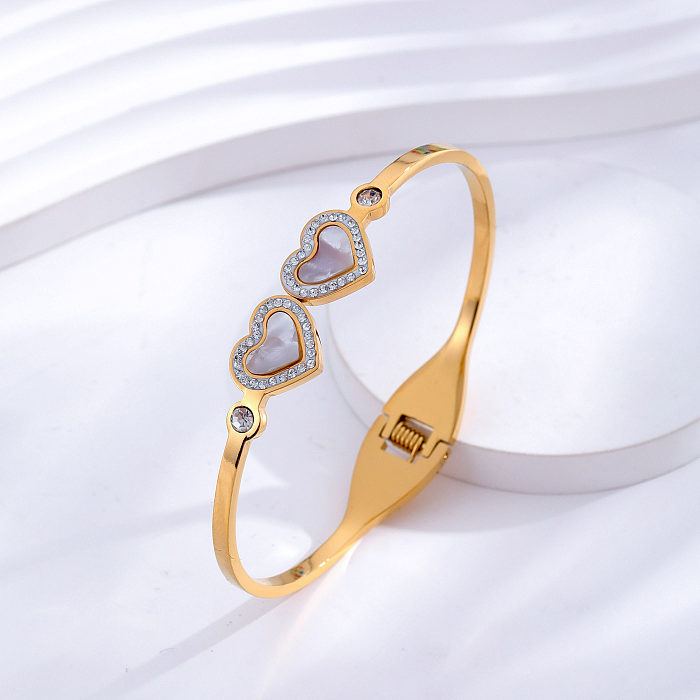 Romantic Simple Style Heart Shape Titanium Steel Plating Hollow Out Inlay Shell Zircon 24K Gold Plated Bangle