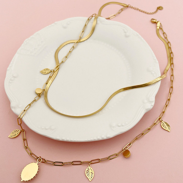 Simple Style Roman Style Leaves Stainless Steel  Gold Plated Double Layer Necklaces In Bulk