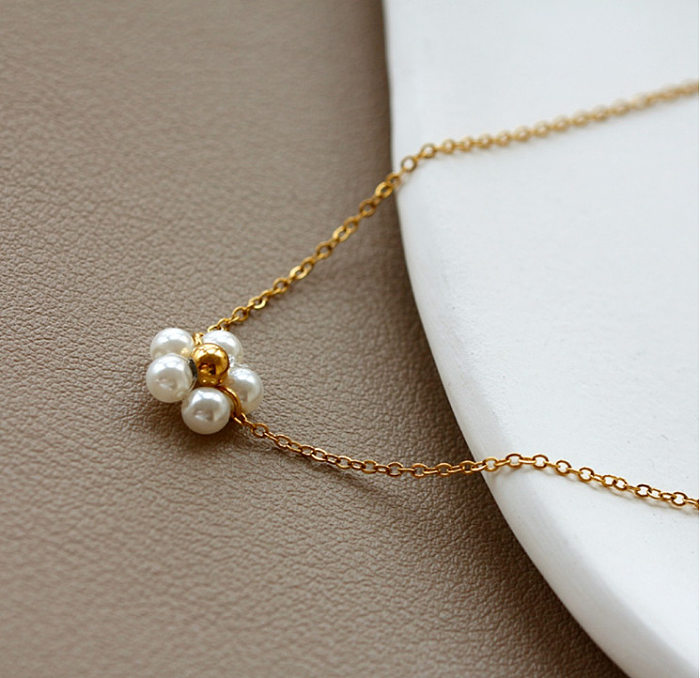 Collier pendentif fleur rétro en acier inoxydable, placage de perles, perles artificielles, colliers en acier inoxydable