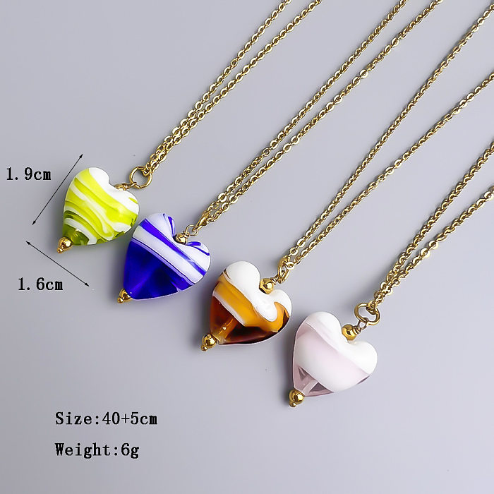 Simple Style Heart Shape Stainless Steel  Glass Gold Plated Pendant Necklace In Bulk