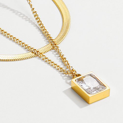 Simple Style Square Stainless Steel  Plating Inlay Zircon 14K Gold Plated Layered Necklaces