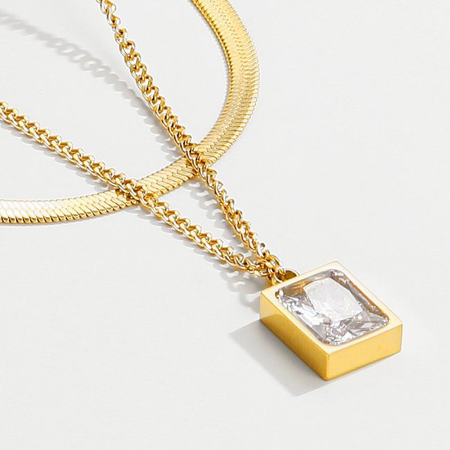 Simple Style Square Stainless Steel  Plating Inlay Zircon 14K Gold Plated Layered Necklaces