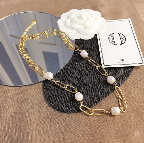 Modern Style Geometric Stainless Steel Pearl Necklace