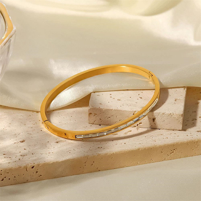 Casual estilo simples retângulo aço inoxidável titânio polimento chapeamento incrustação zircão banhado a ouro pulseira