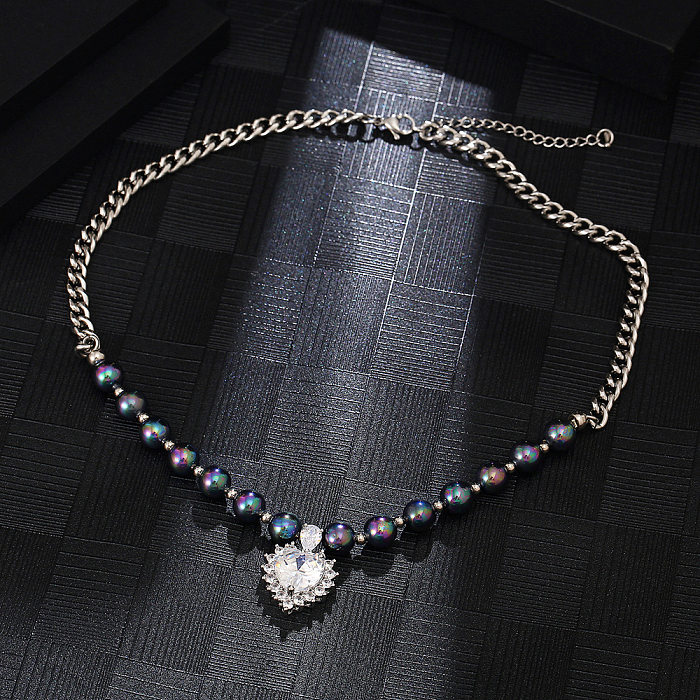 Schlichter Stil, glänzend, herzförmig, Naturstein, Edelstahl, Perlen, Perleneinlage, Zirkon-Anhänger-Halskette