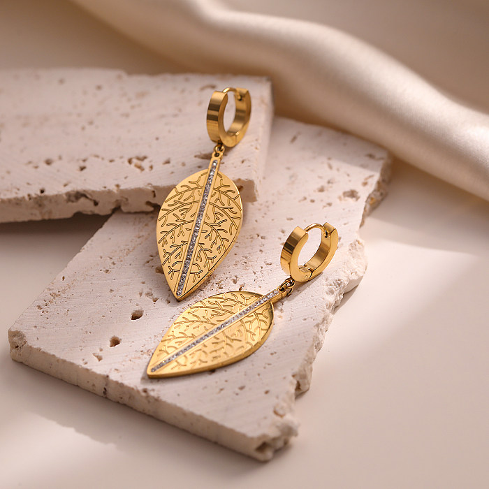 1 Pair Retro Simple Style Leaf Plating Inlay Stainless Steel Zircon 18K Gold Plated Drop Earrings