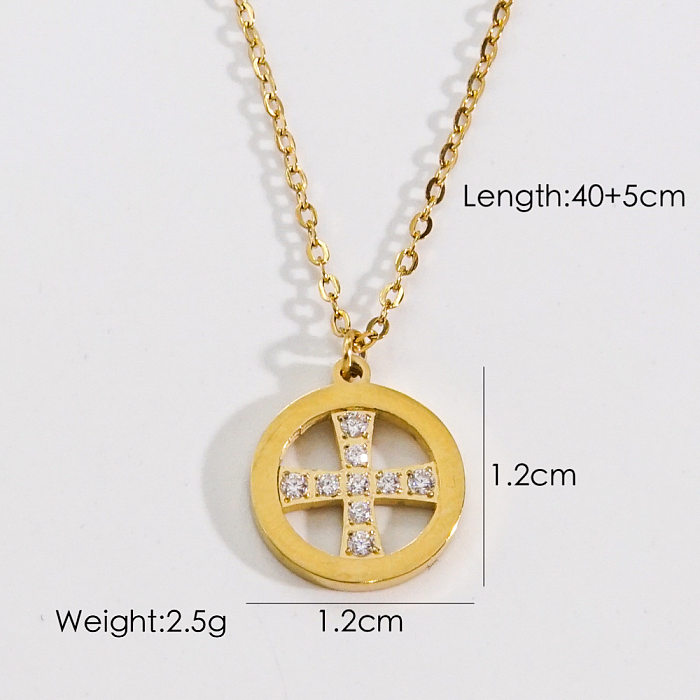 Simple Style Artistic Round Stainless Steel Plating Inlay Rhinestones 14K Gold Plated Pendant Necklace