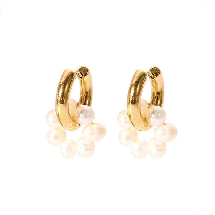 1 paire de boucles d'oreilles rondes en acier inoxydable, Style français et britannique, perles d'eau douce plaquées or 18 carats