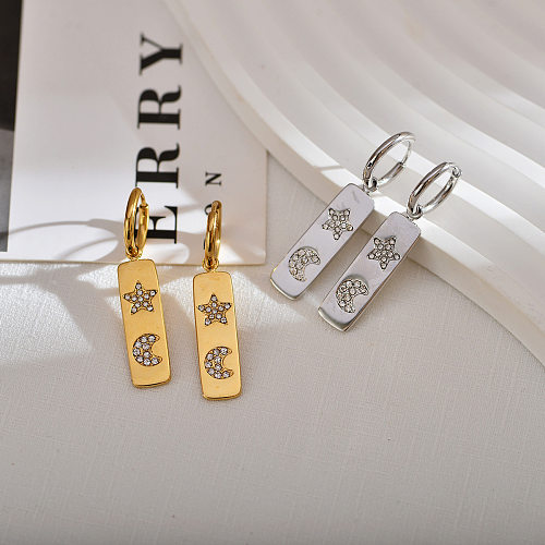 1 Pair Classic Style Sun Moon Inlay Stainless Steel  Zircon Earrings