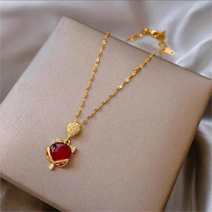 Casual Simple Style Round Water Droplets Fox Stainless Steel Plating Inlay Zircon 18K Gold Plated Pendant Necklace