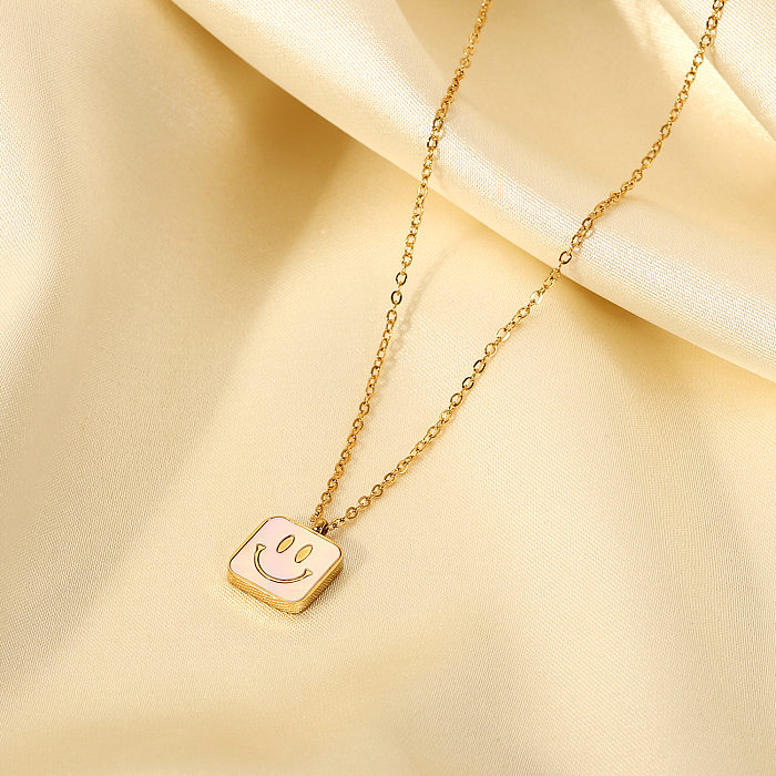 18K Gold-plated Stainless Steel  Square Smiley Face Pendant Natural White Shell Necklace