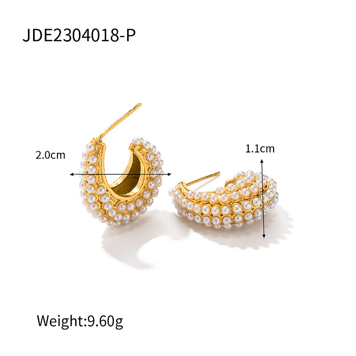 1 Pair INS Style Streetwear C Shape Stainless Steel  Plating Inlay Pearl Zircon 18K Gold Plated Ear Studs