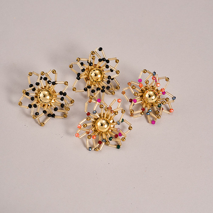 1 paire de clous d'oreilles hawaïens exagérés en placage de fleurs de vacances, incrustation en acier inoxydable, cristal artificiel plaqué or