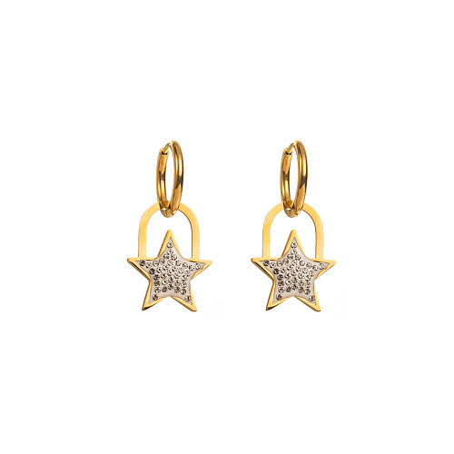 1 Pair Elegant Pentagram Round Heart Shape Inlay Stainless Steel Rhinestones Gold Plated Drop Earrings
