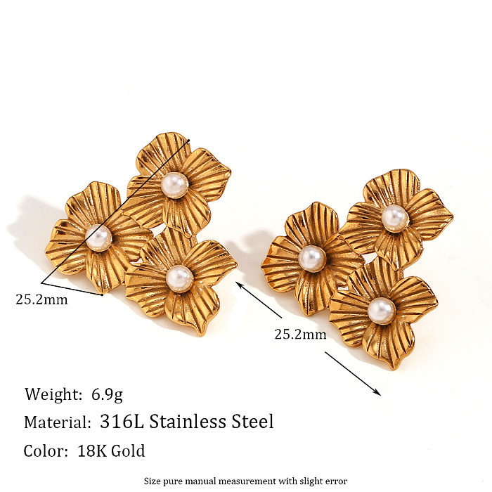 1 Pair Vintage Style Simple Style Classic Style Floral Plating Inlay Stainless Steel  Pearl 18K Gold Plated Ear Studs