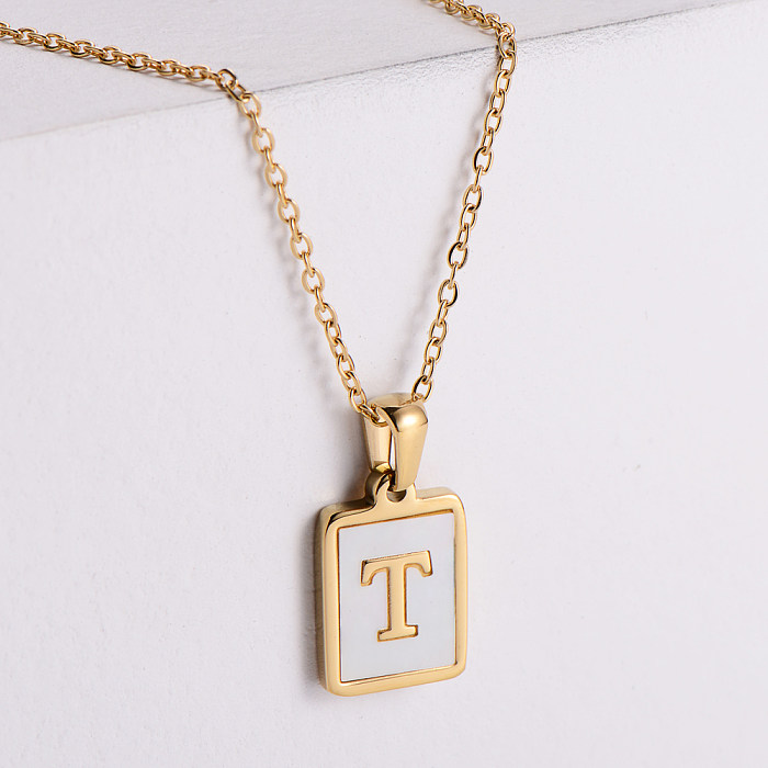 18k Gold Stainless Steel  Square Brand White Shell Letters Necklace