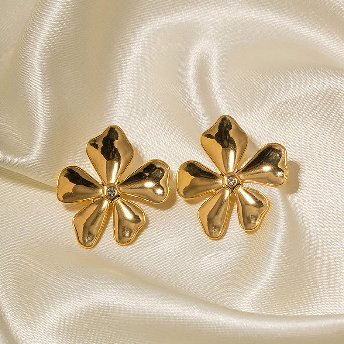 1 Pair Elegant Flower Stainless Steel  Plating Inlay Artificial Diamond 18K Gold Plated Ear Studs