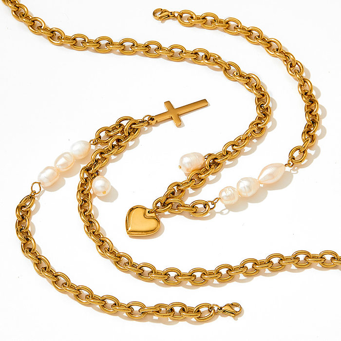 Collar de perlas de acero inoxidable con forma de corazón y cruz estilo barroco 1 pieza