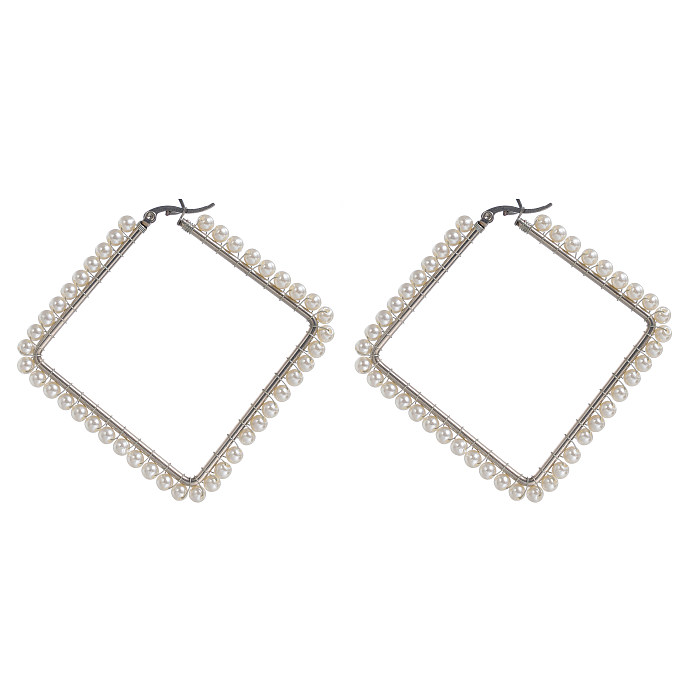 1 par de pendientes de perlas artificiales de acero inoxidable con incrustaciones en forma de corazón cuadrado geométrico de estilo Simple para mujer