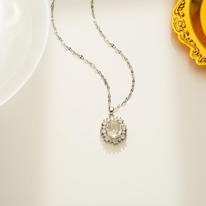 Elegante ovale Halskette mit Zirkon-Anhänger aus Edelstahl mit Inlay