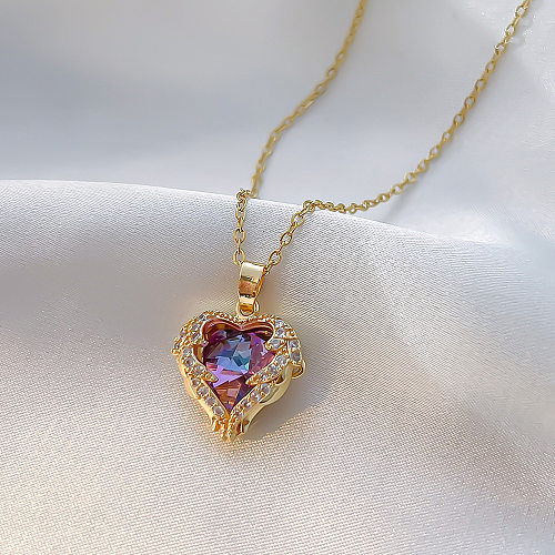 Elegante formato de coração em aço inoxidável chapeamento de cobre embutido colar com pingente de diamante artificial