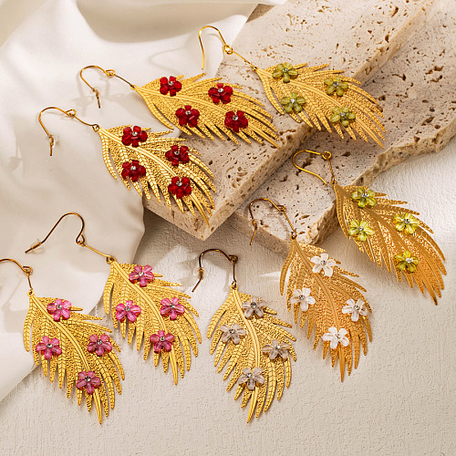 1 Piece Exaggerated Leaves Flower Stainless Steel  Inlay Acrylic Rhinestones Gold Plated Drop Earrings
